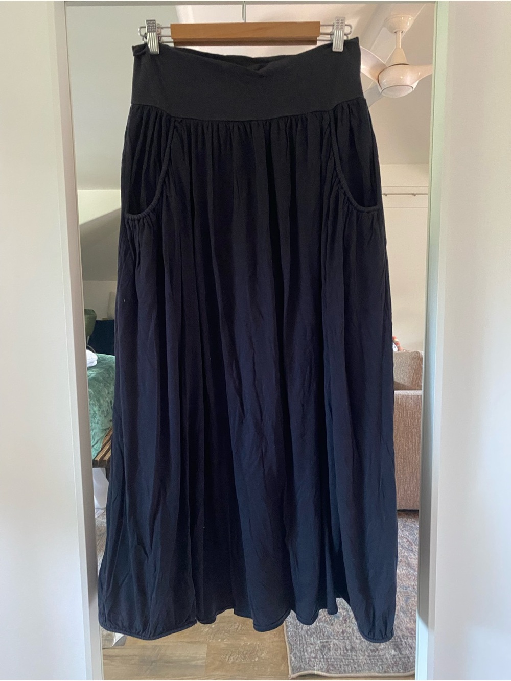 Garnet Hill Black Gathered Maxi Skirt with Pockets